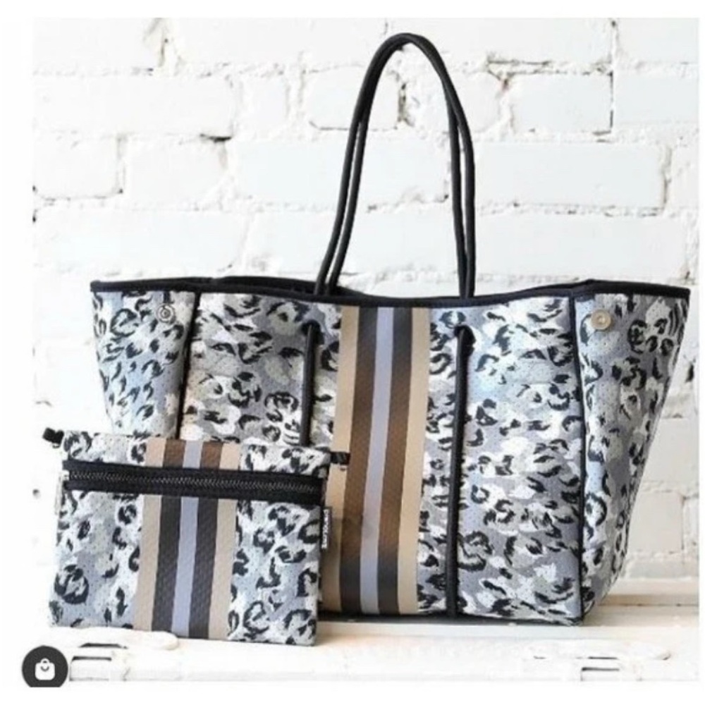 Black and Gray leopard Tote Set with Stripes and Elegant Trim